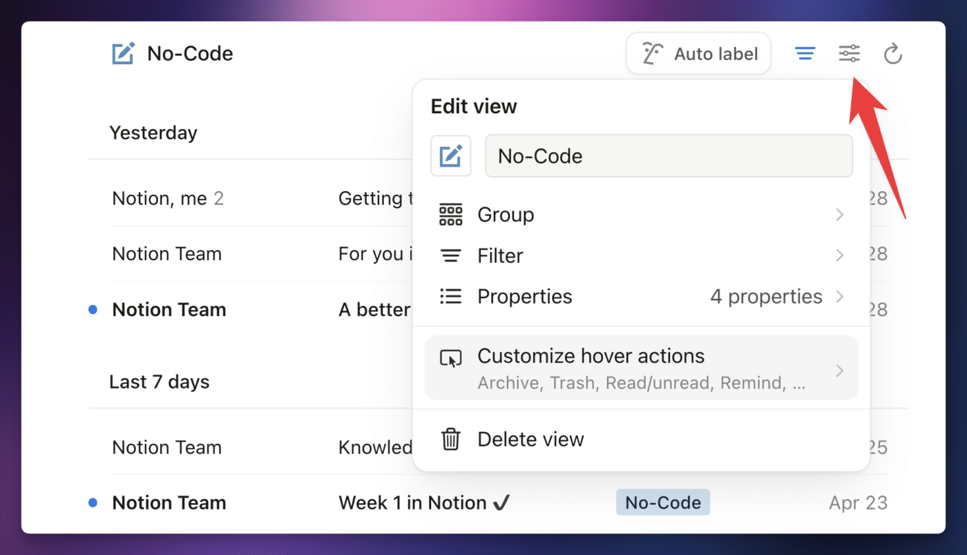 The Edit View icon gives you access to grouping, filtering, and property options. 
