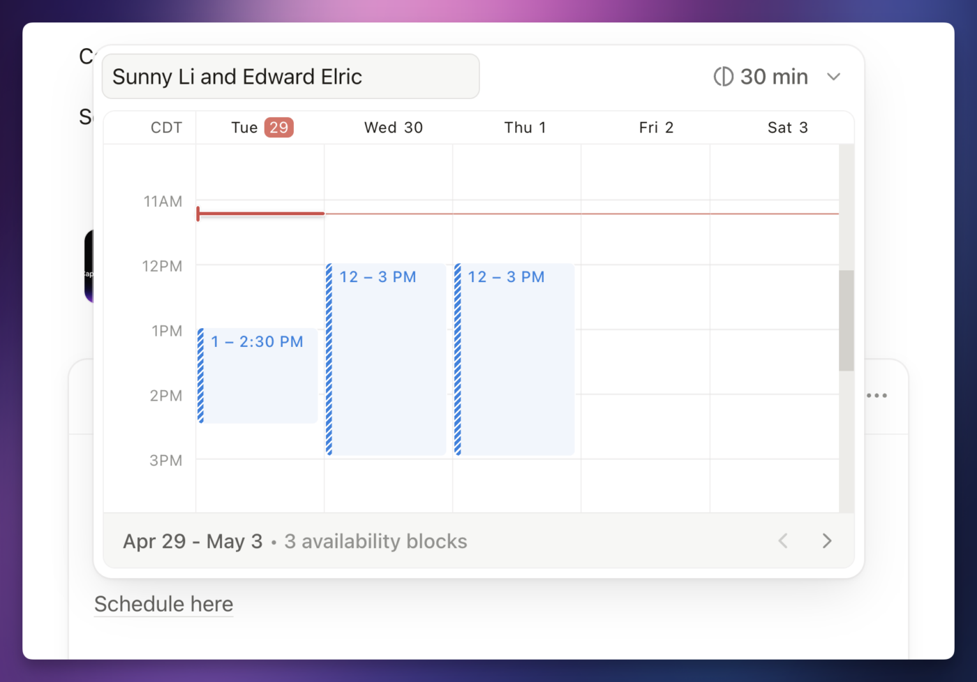 The schedule feature allows you to send a scheduling link and create schedule slots within Notion Calendar. 