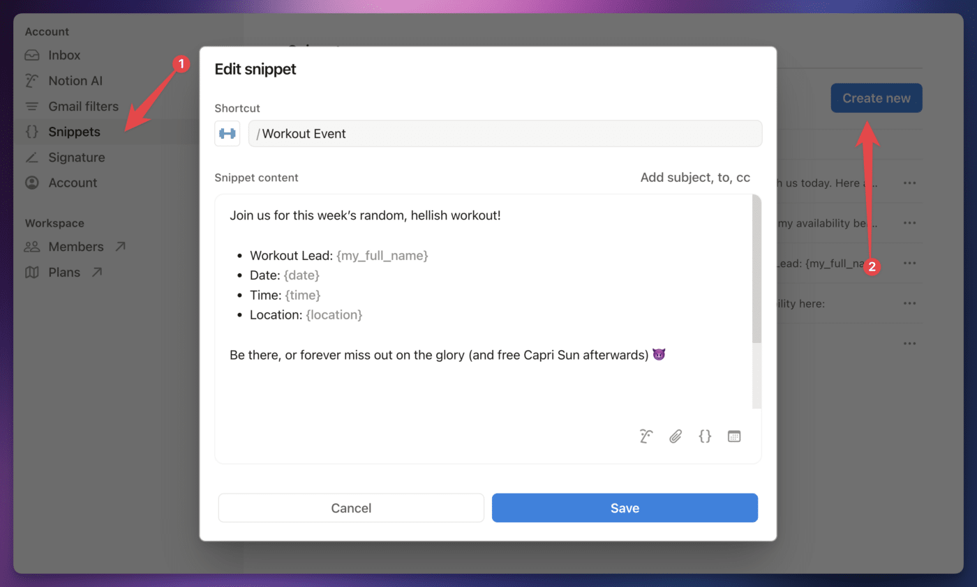 Click Settings, then go to Snippets, and hit Create New to create a new snippet. 