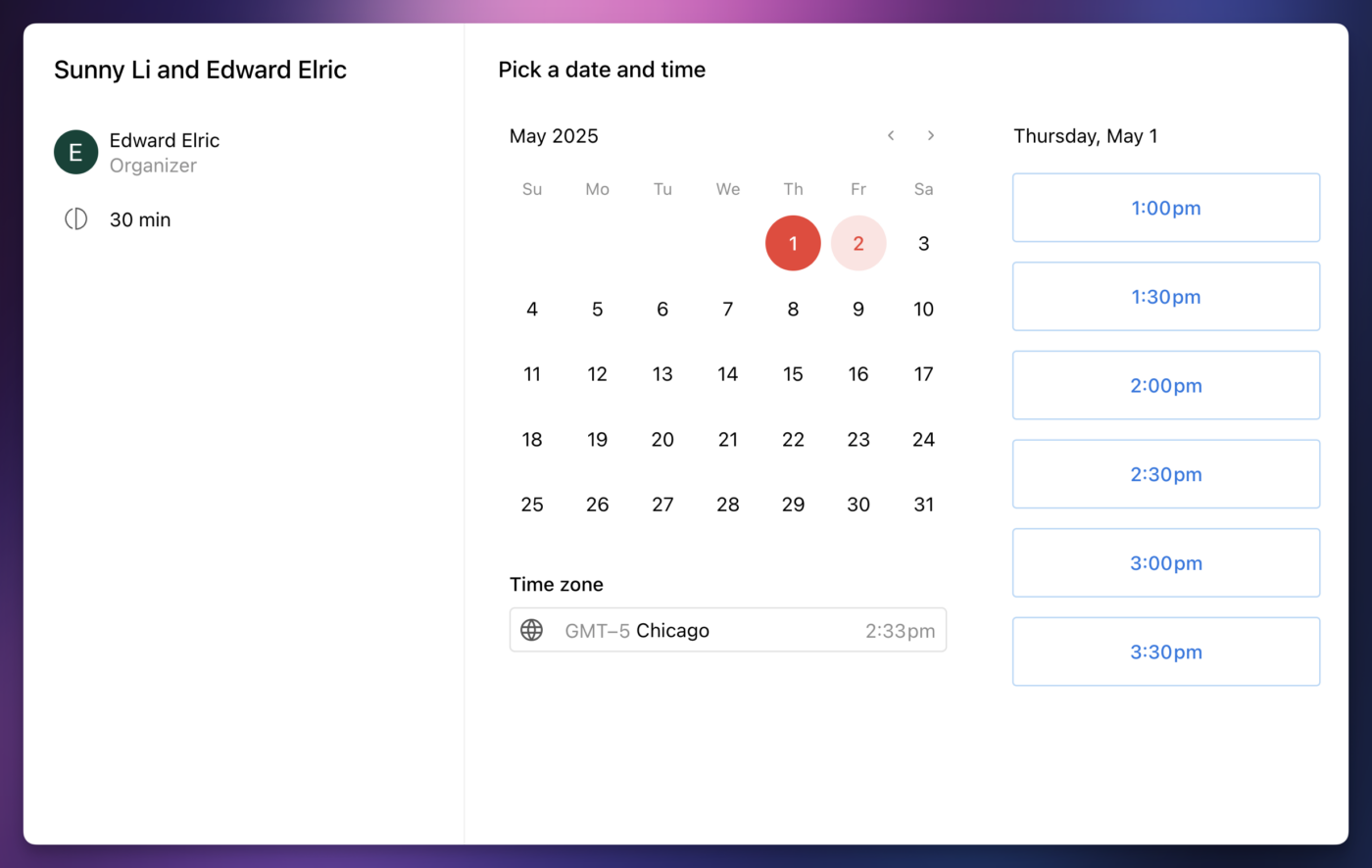 Your recipient will see a scheduling view where they can pick the date and time that works best for them. 