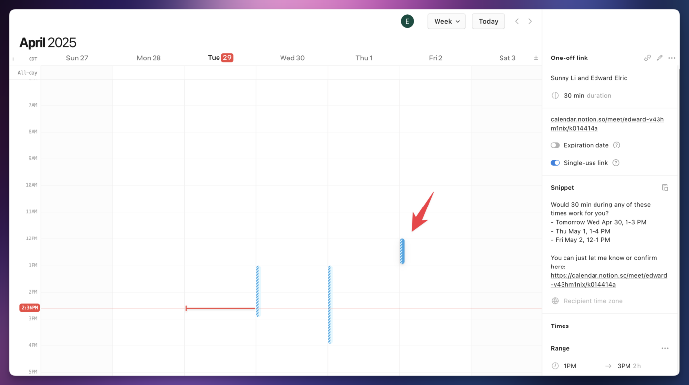 In Notion Calendar, you'll see the open meeting slots you've created within Notion Mail. 