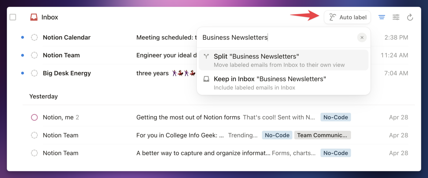 Click auto label at the top of the screen to create an auto label view. 