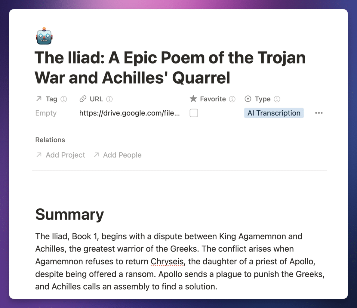 A screenshot showing the entirety of the Iliad being uploaded to a Notion page. 