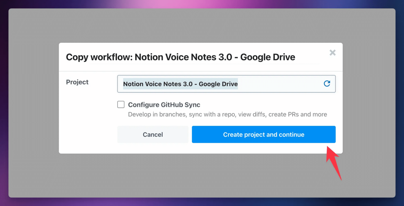 Naming the project and clicking create project and continue. 