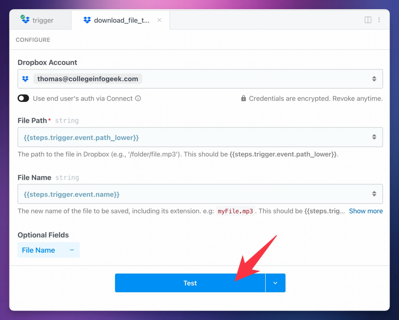 Dropbox download file to temp step setup. 