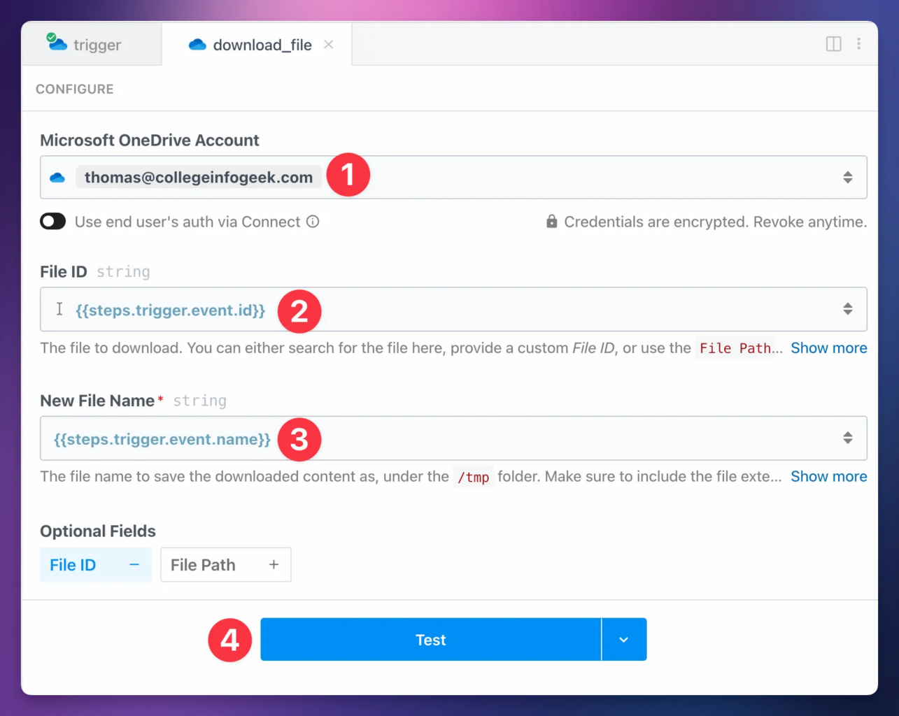 Setting up the Microsoft OneDrive download file step. 