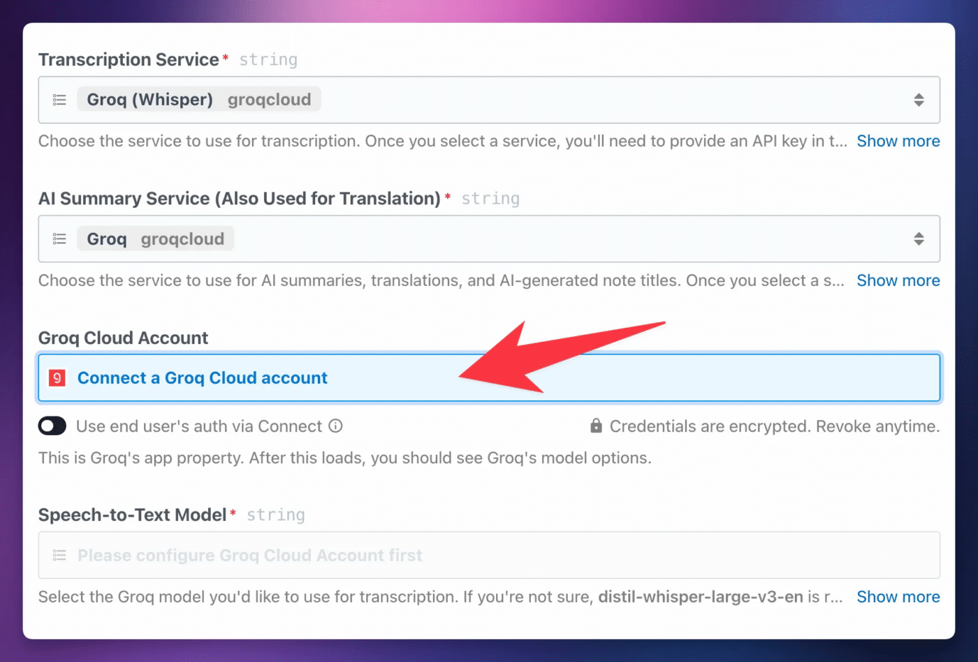 The Transcription App connection property.