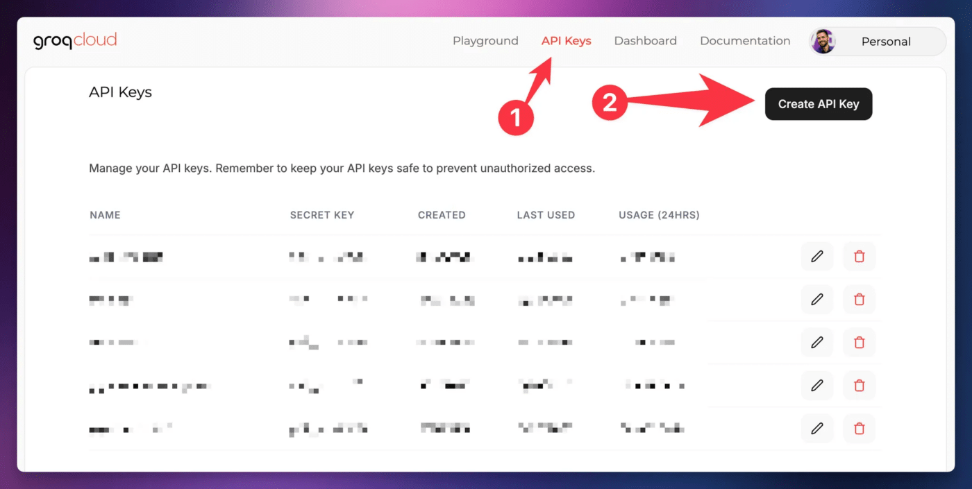 This screenshot shows the process of going to the API keys section and then clicking create API key. 