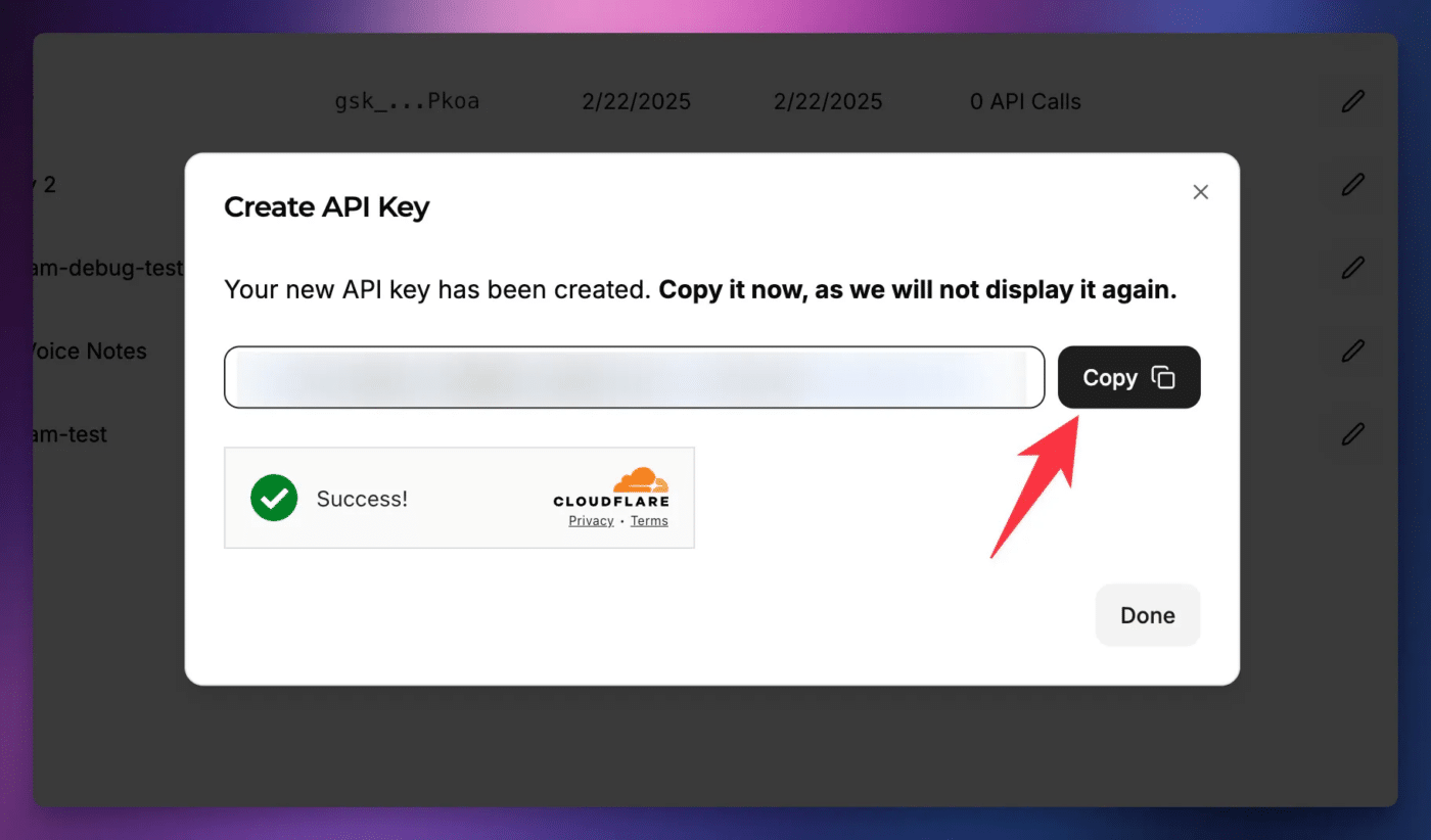 Clicking the copy button next to the generated API key. 