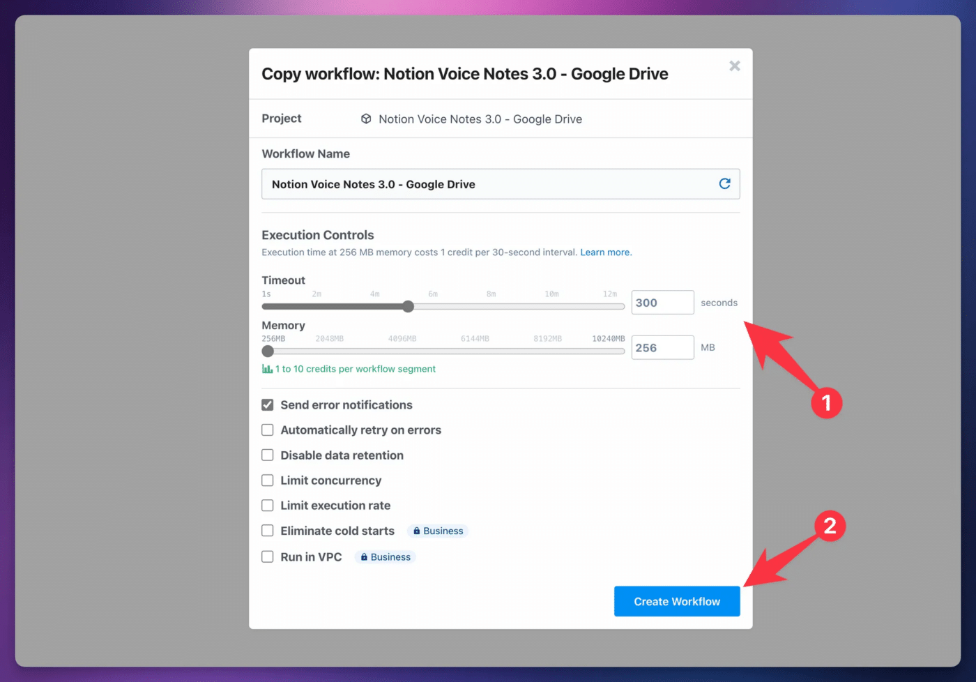 Setting the timeout and hitting create workflow. 
