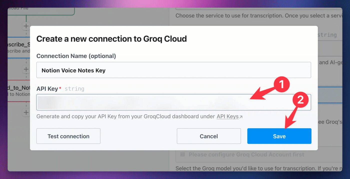 Pasting the API key in the new connection dialog in Pipedream.