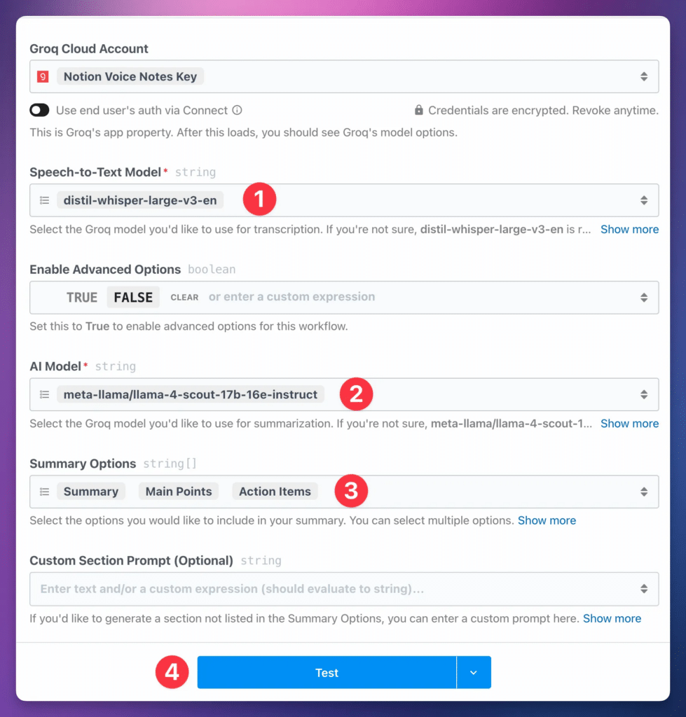 The final steps in the transcription step, including setting the speech-to-text model, the AI model, and the summary options. 