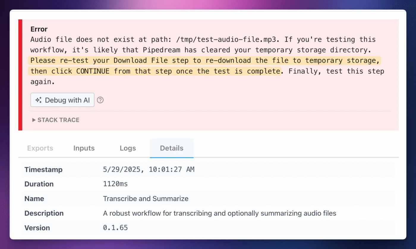 A screenshot showing a common error where the audio file has been cleared from temporary storage. 