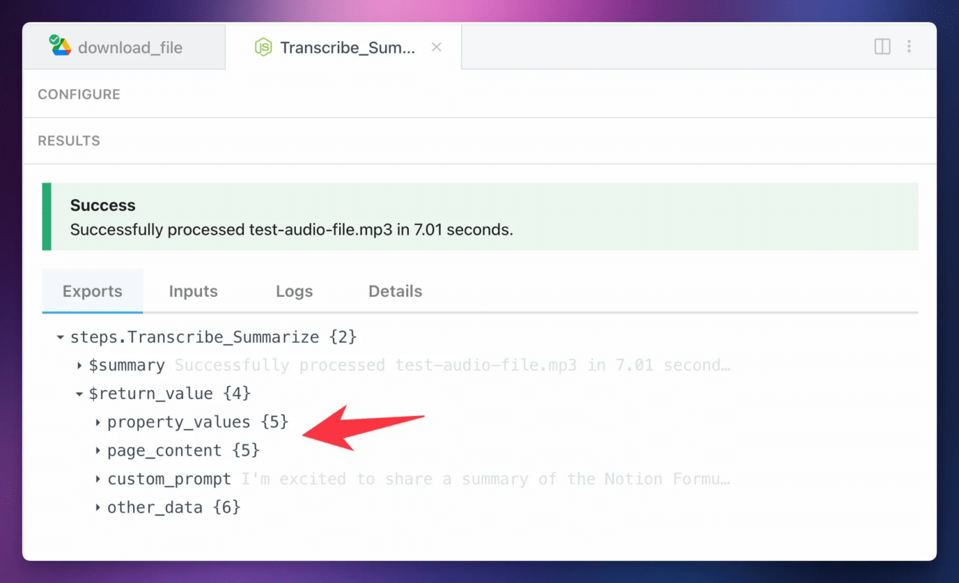 A screenshot of a successful run of the transcribe and summarize step. 