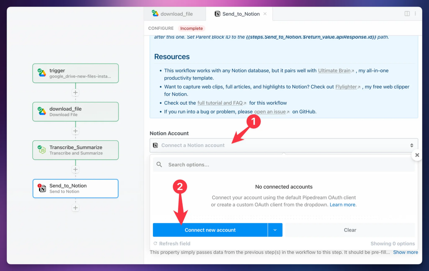 A screenshot showing how to connect the Notion account in the send to Notion step. 