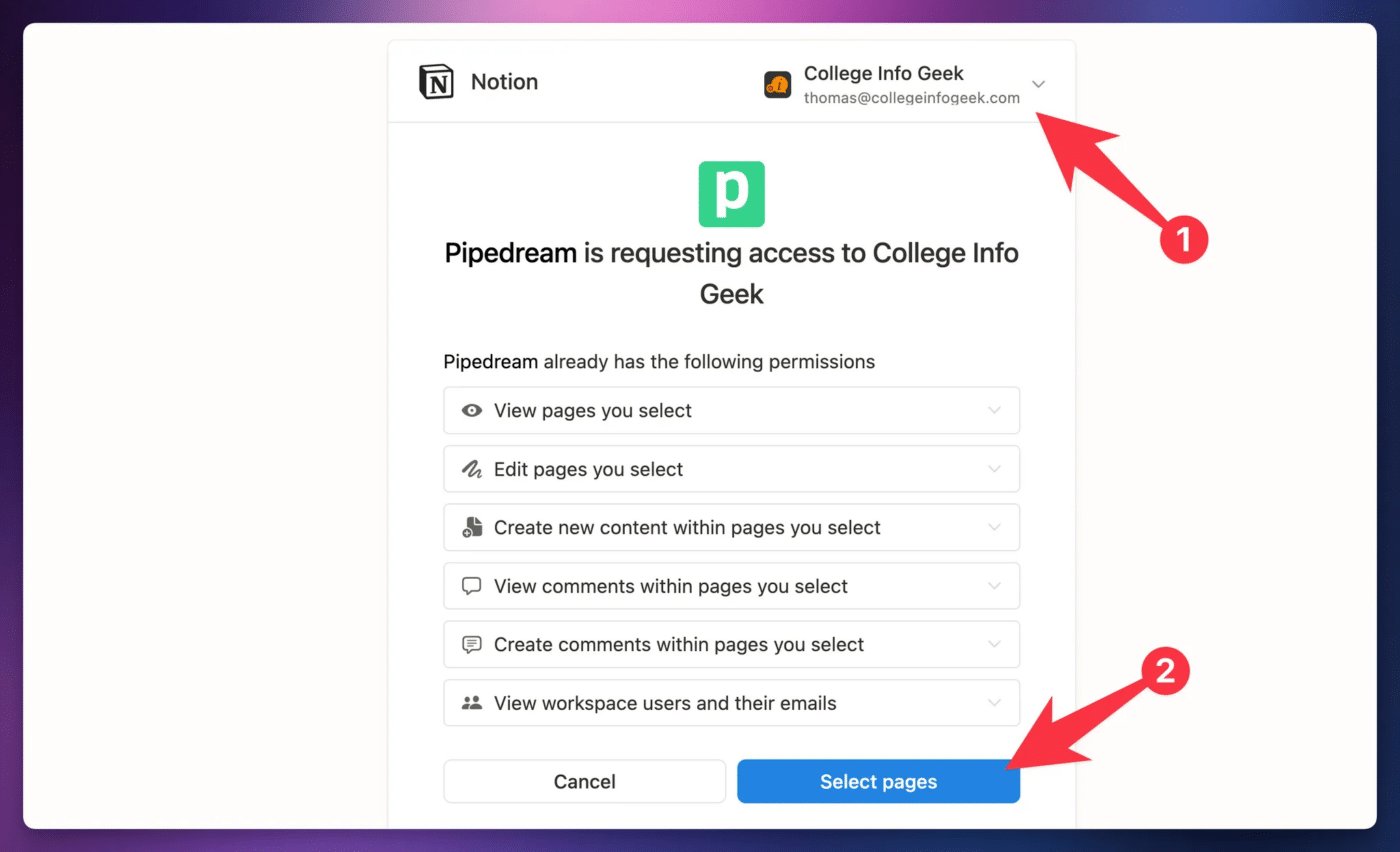 A screenshot showing the first step of authenticating Notion with Pipedream. 