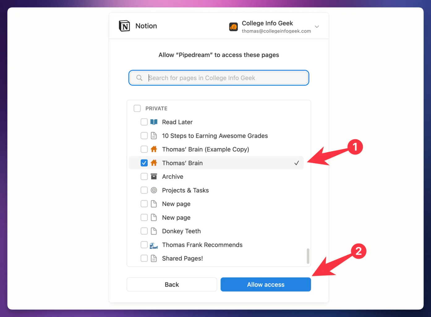 A screenshot showing the process of adding pages to the Pipedream connection. 