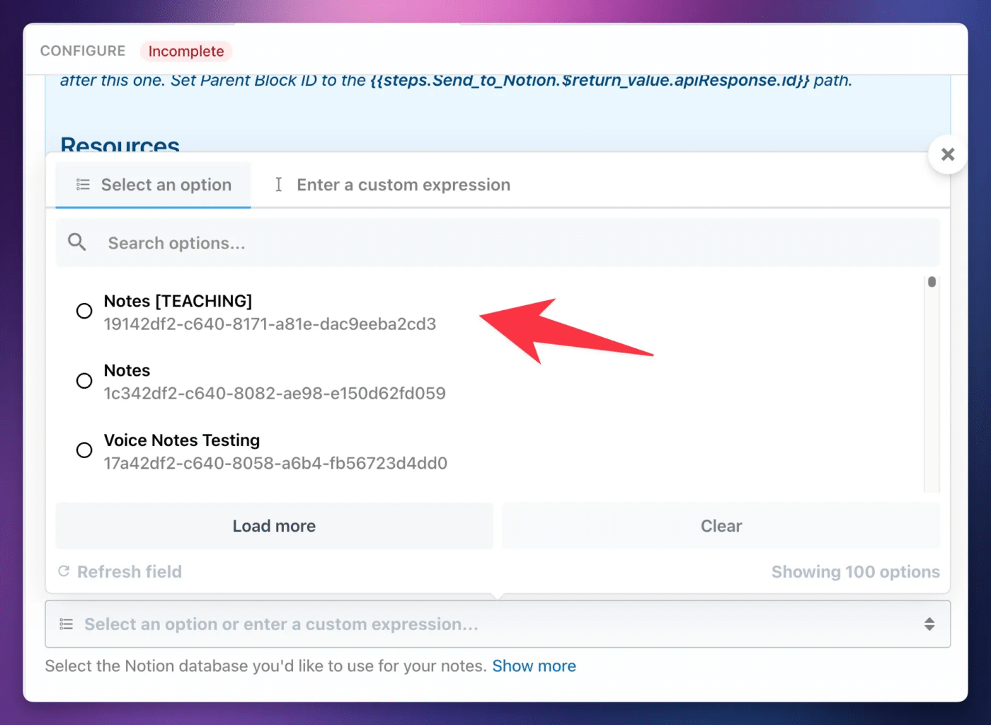 A screenshot showing the process of choosing the Notion database to use. 