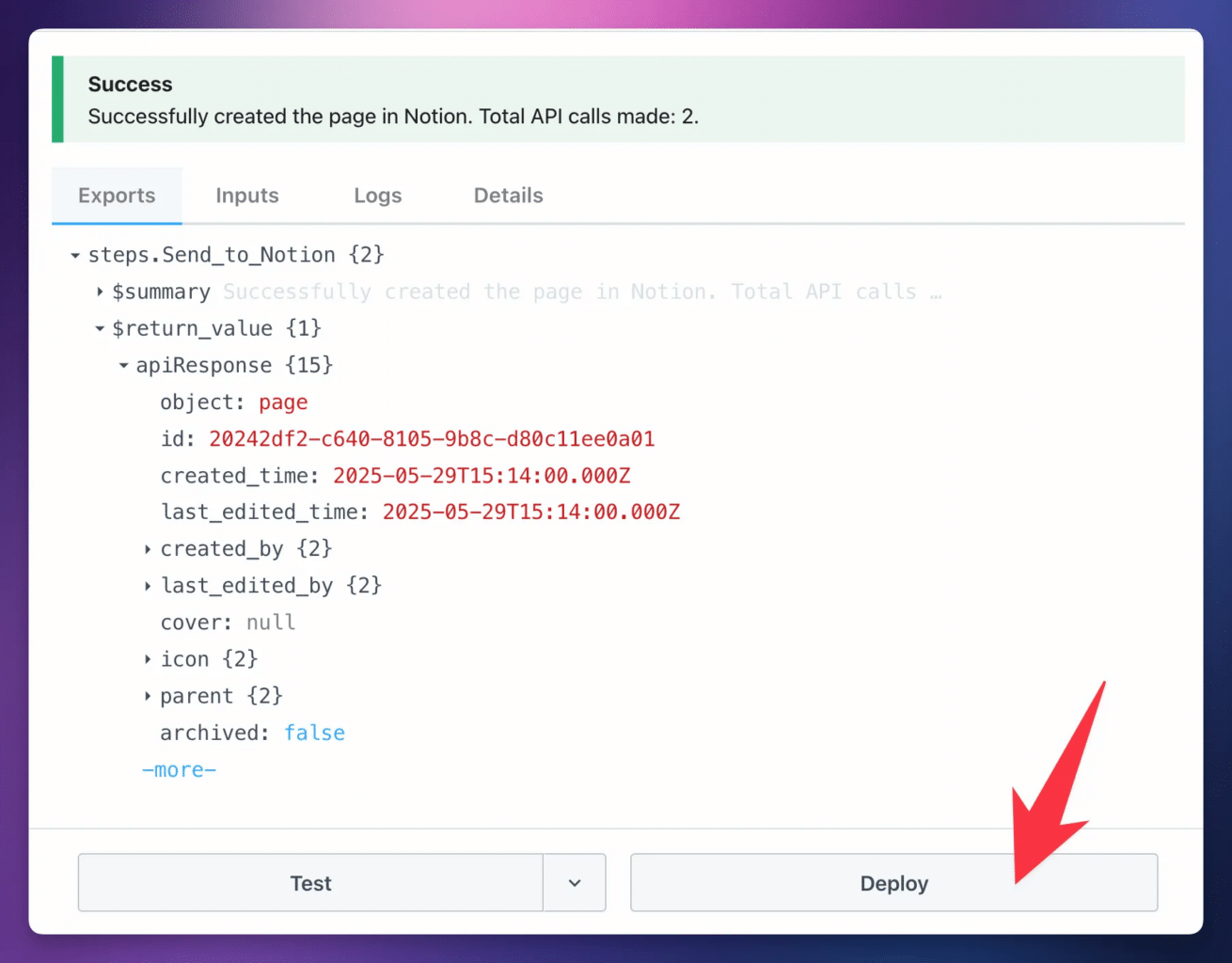 A screenshot showing a successful test of the send to Notion step. 