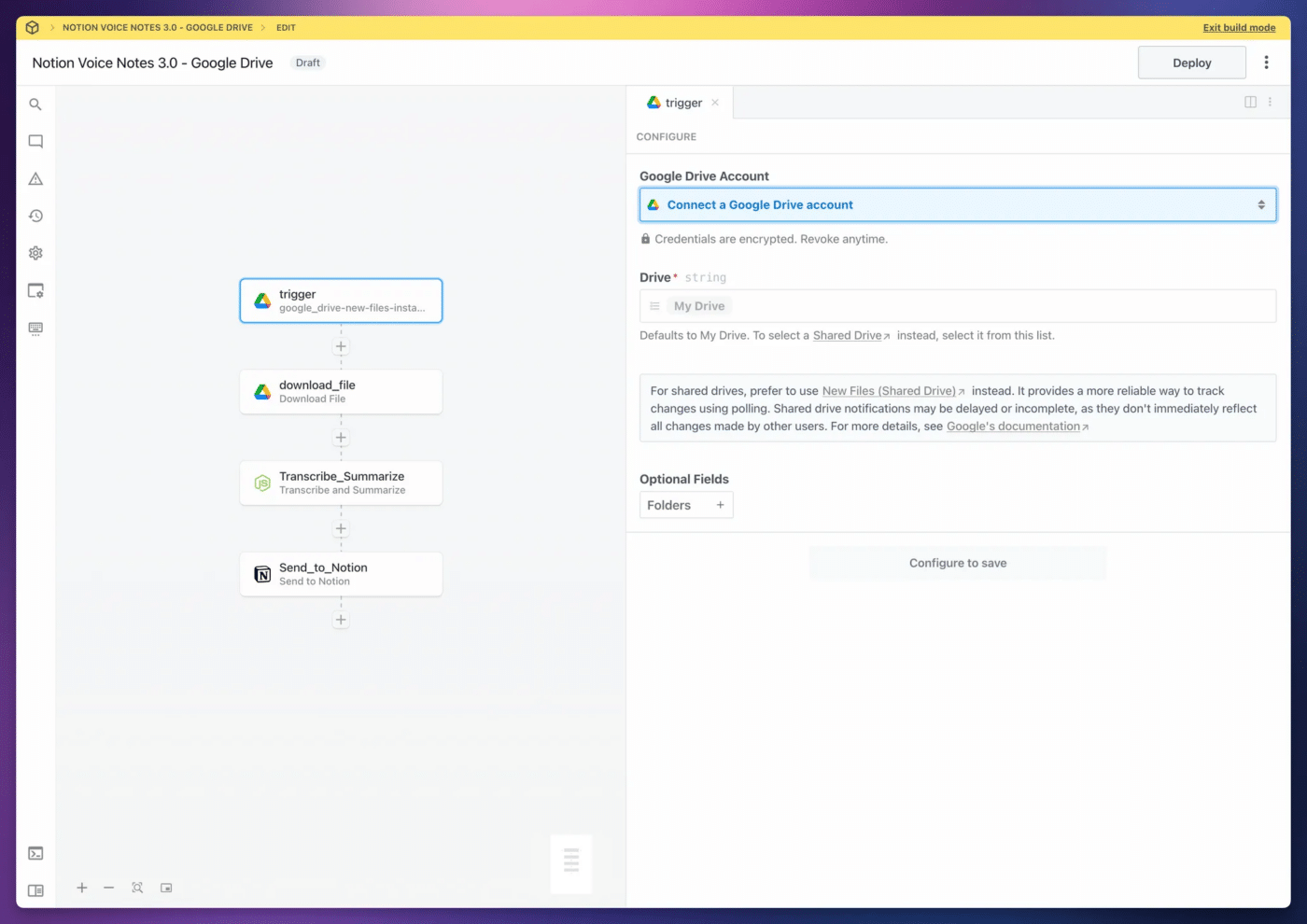 Configuring the trigger for the Voice Notes workflow. 