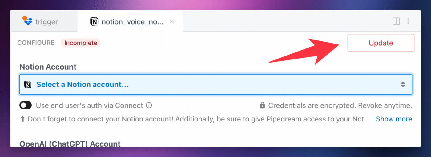 A screenshot showing the update button in the top right corner of the component. 