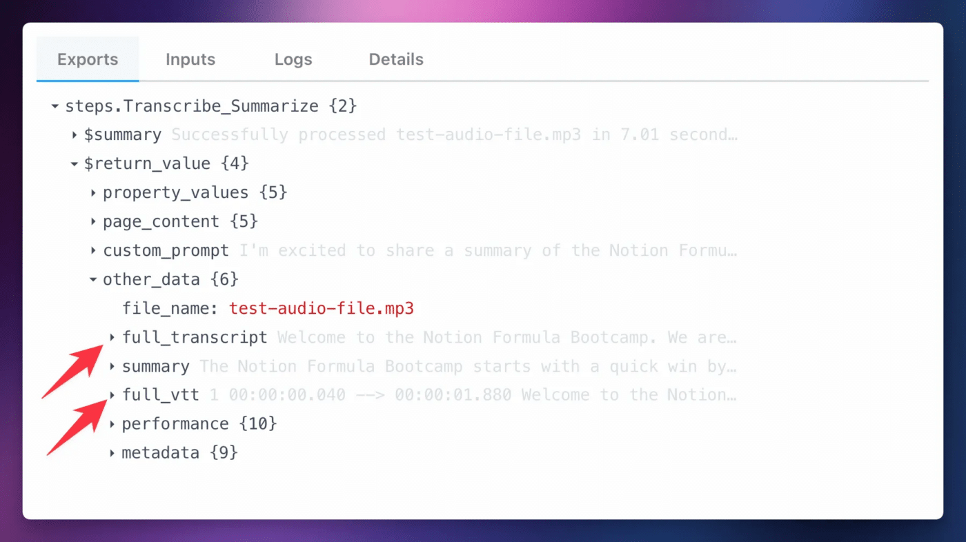 A screenshot showing all the various data that is accessible in the transcribe and summarize step. 