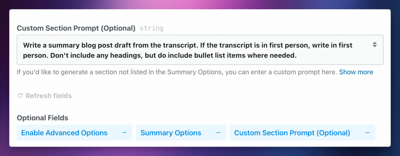 A screenshot showing the custom section prompt property. 