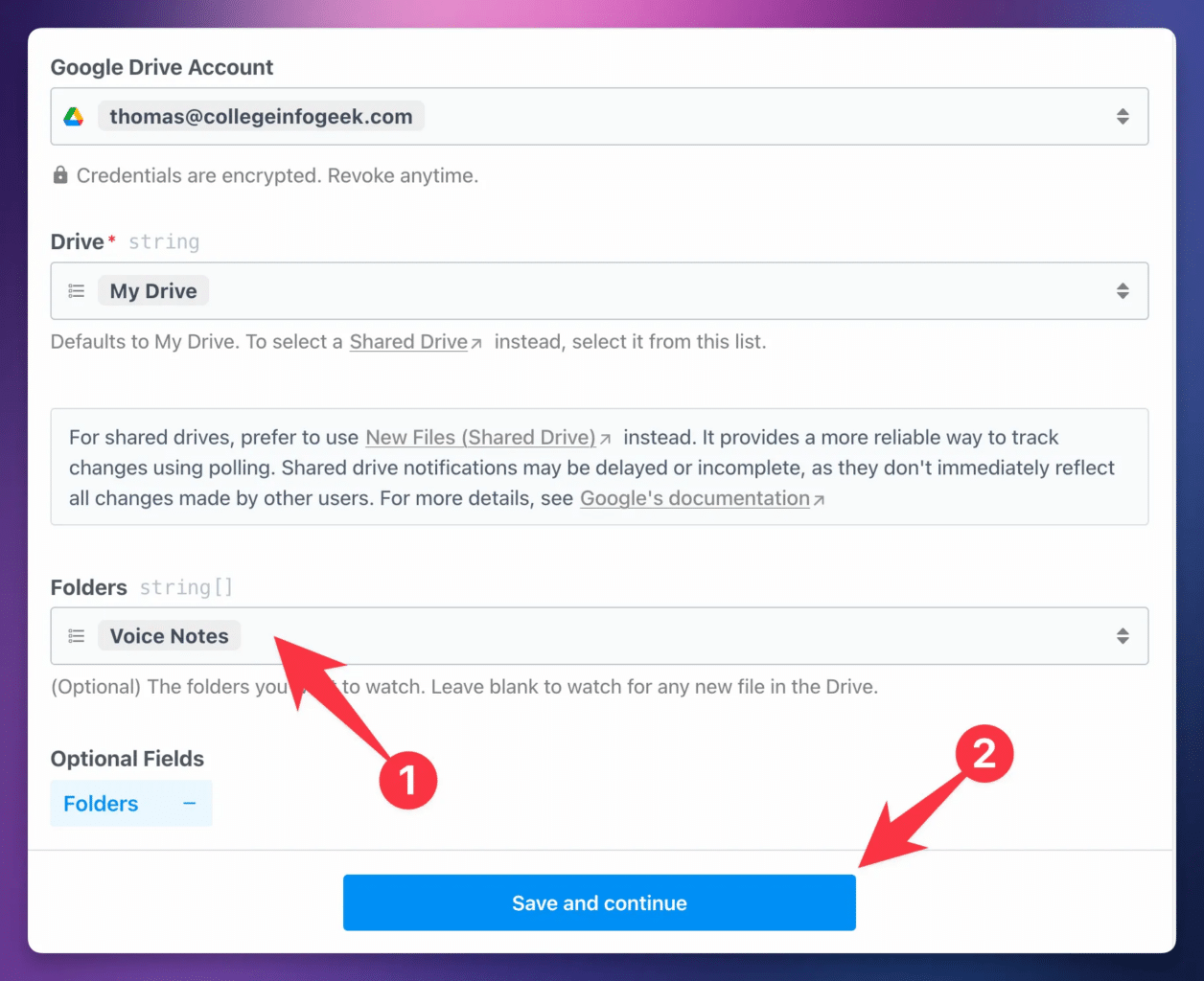 Setting up the Google Drive trigger. 