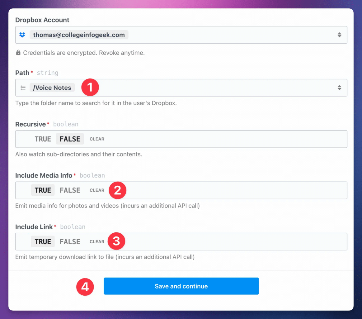 Setting up the Dropbox trigger. 