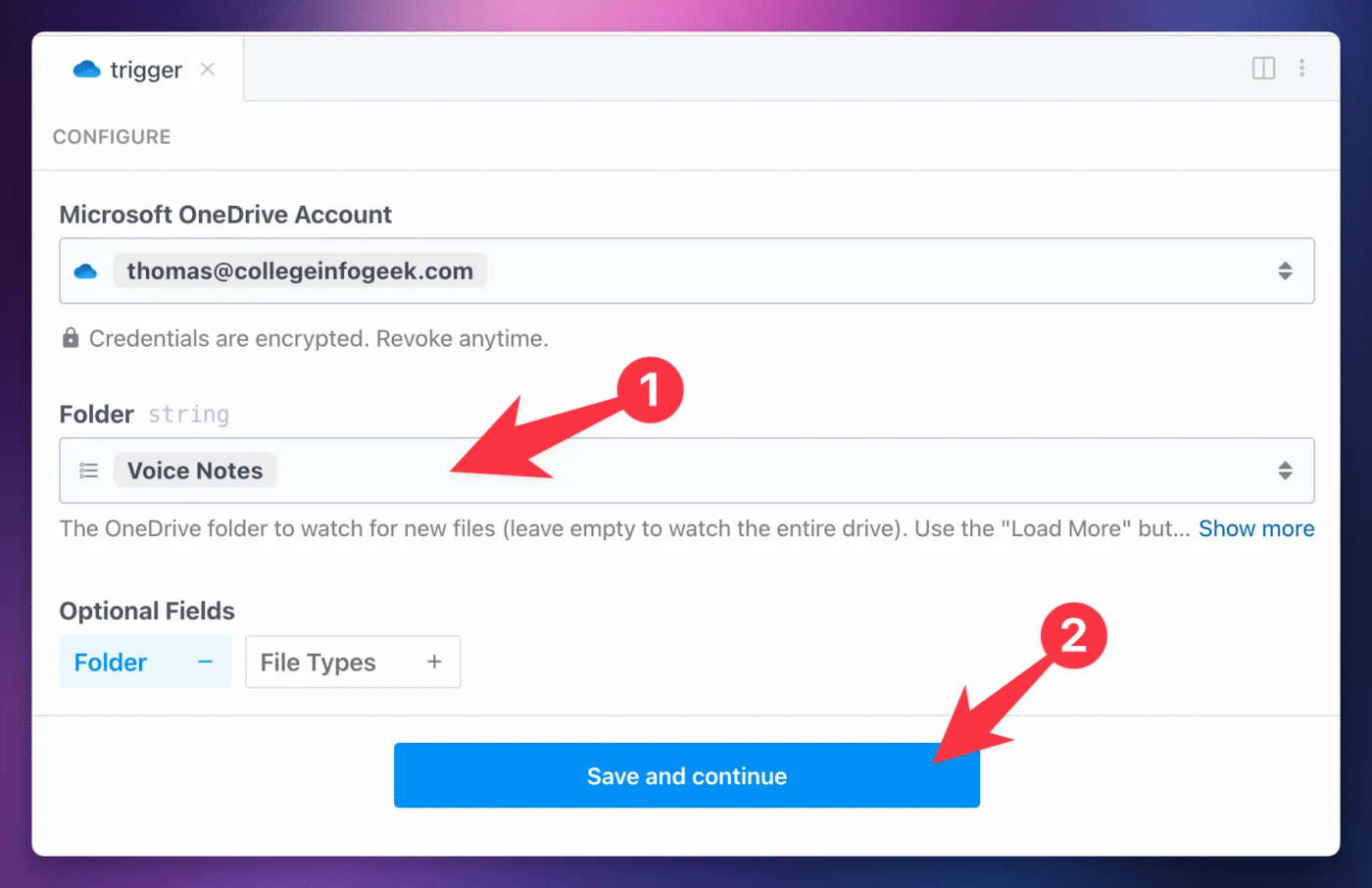 Setting up the Microsoft OneDrive trigger. 