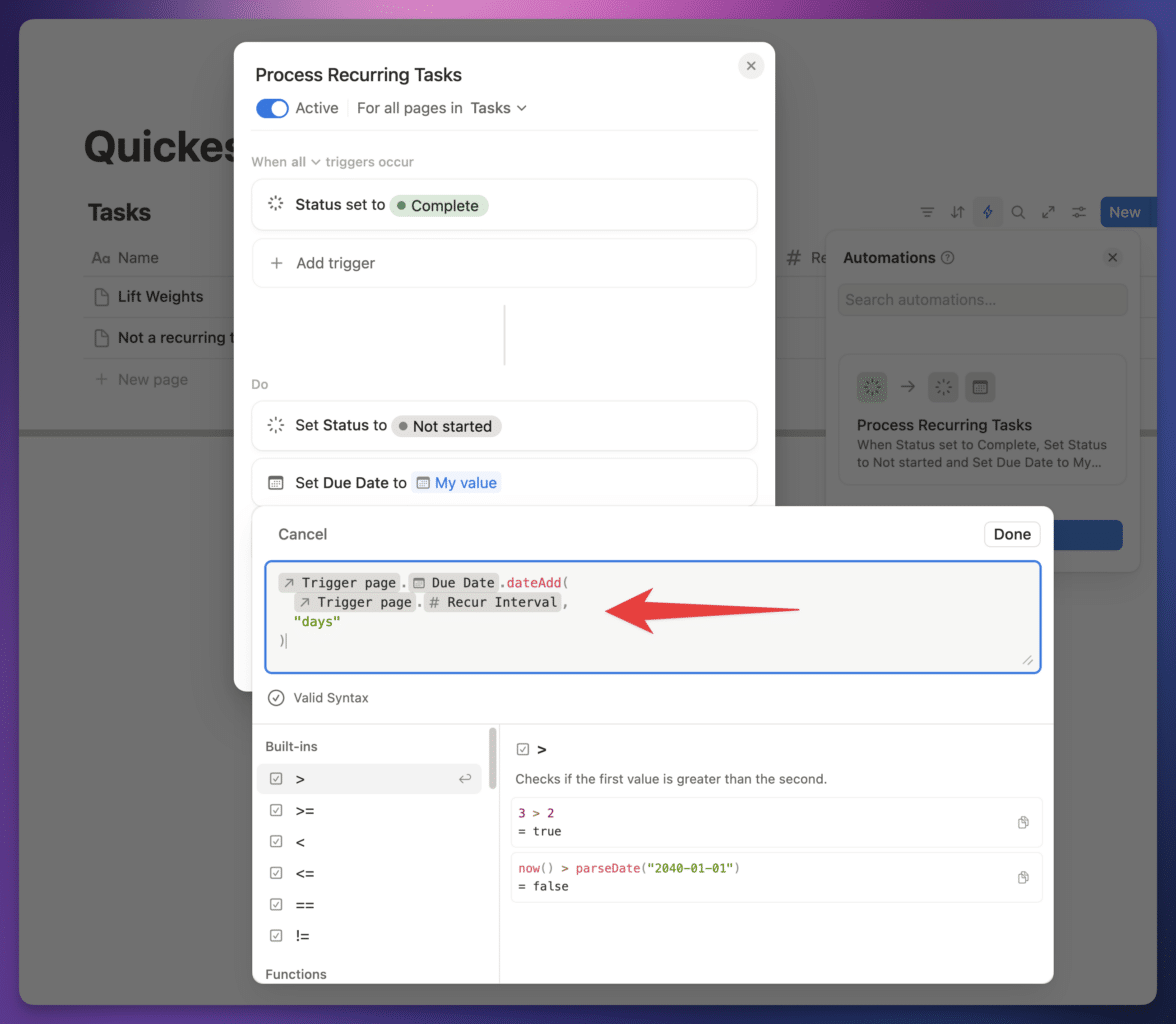 A formula is dynamically determining the new value for the due date.