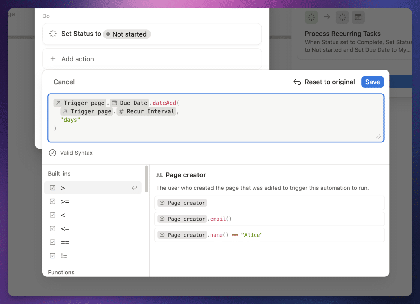 An example formula in the formula editor. 