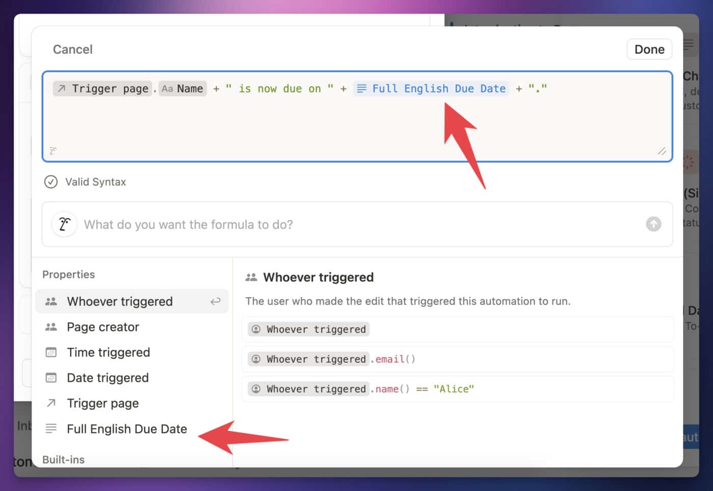 The user variable shown in a formula.