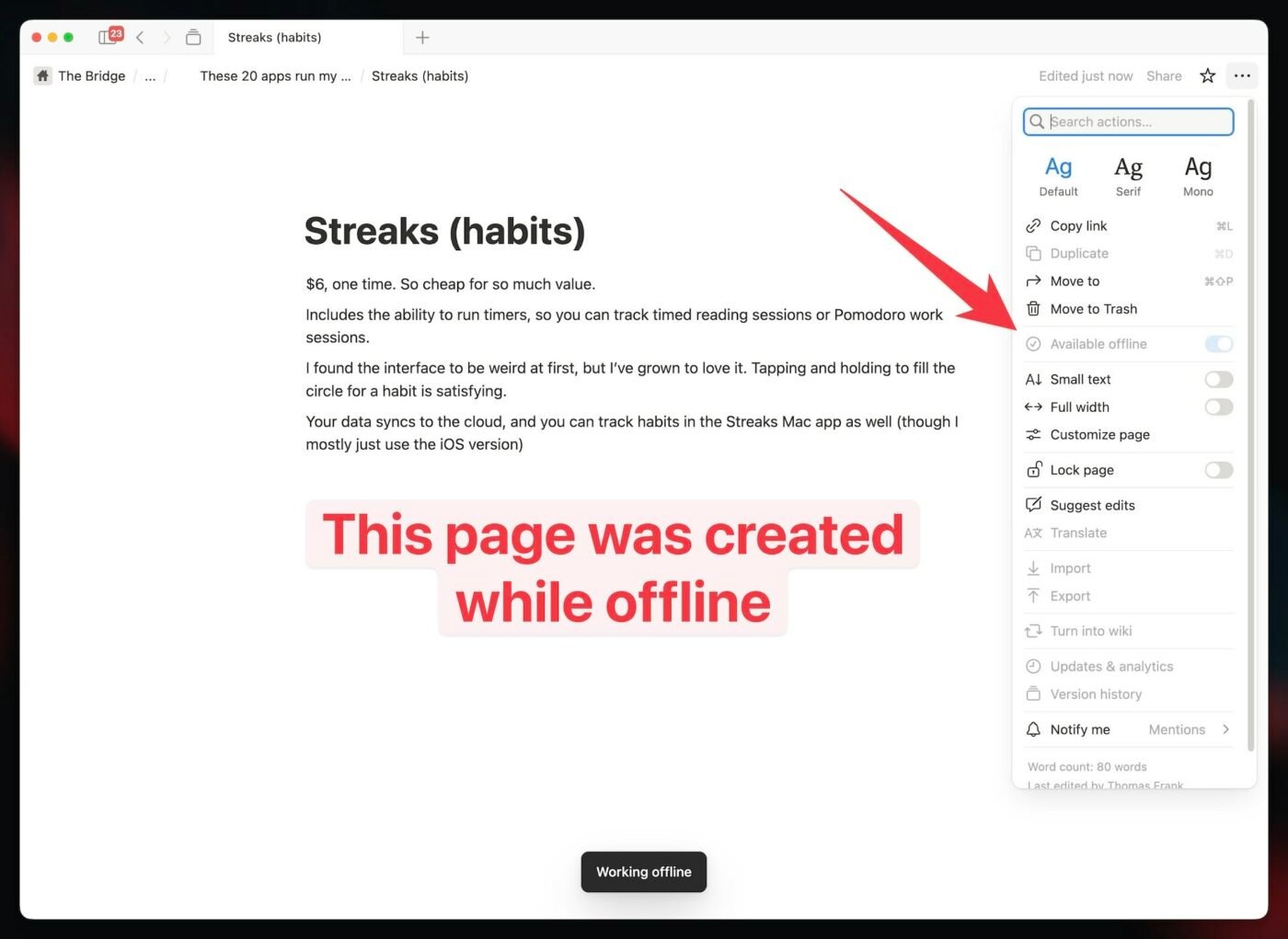 A screenshot showing that a page created while offline automatically has its offline toggle enabled. 