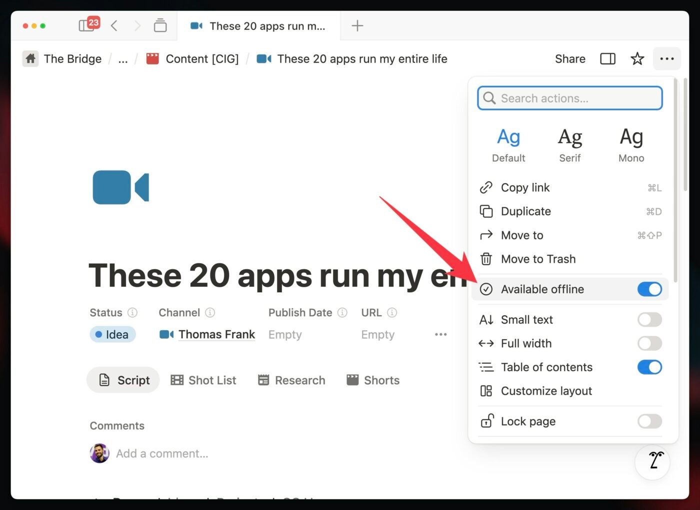 A screenshot showing the Available Offline toggle enabled in a Notion page. 