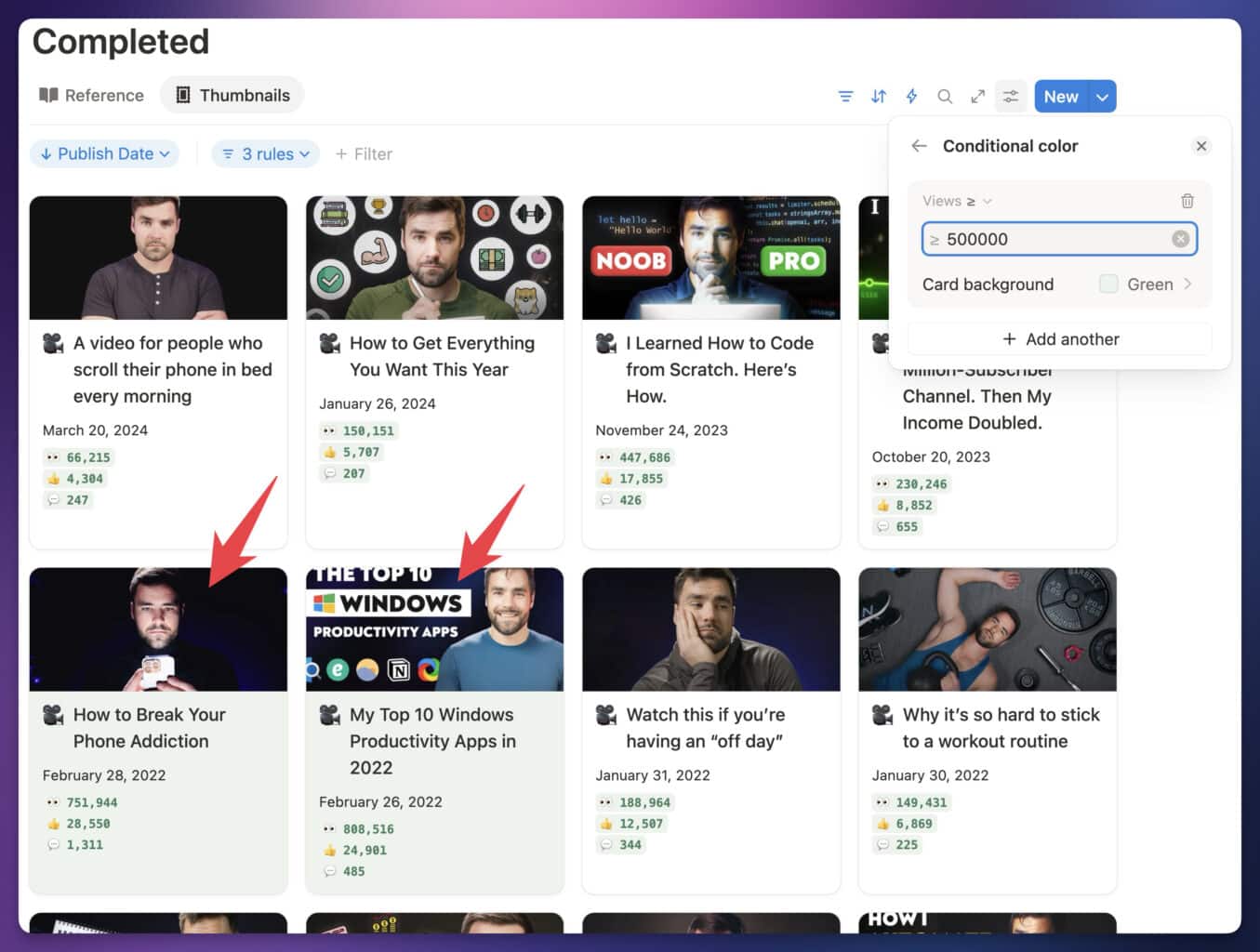 Screenshot of my videos view, with videos having over 500,000 views highlighted in green.