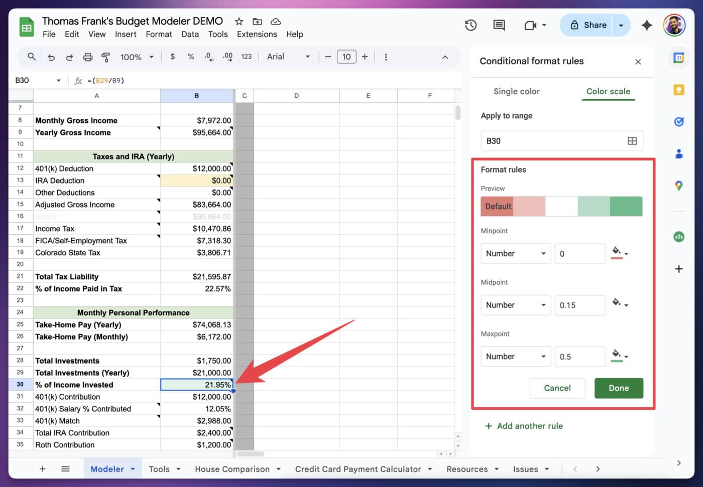 Screenshot showing a color scale rule in Google Sheets.