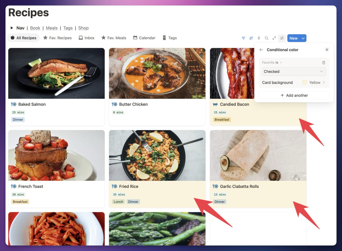 Screenshot of recipe tracker showing favorited pages highlighted in yellow.