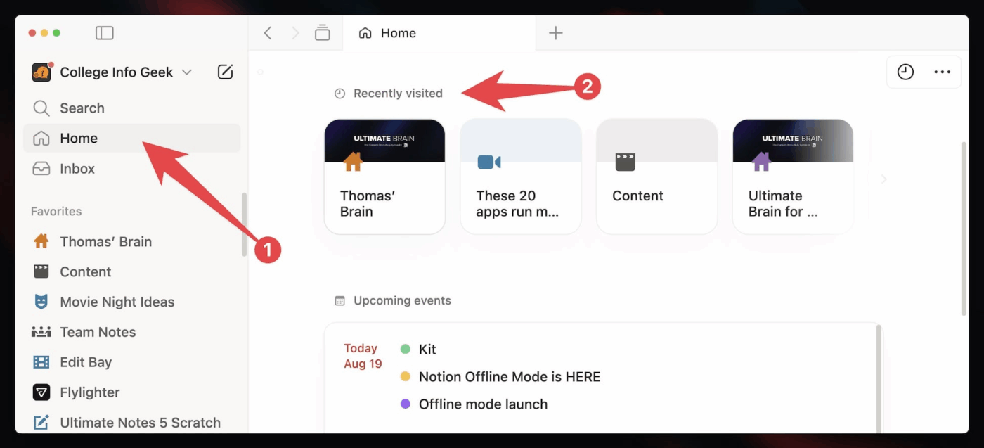 A screenshot showing the recently visited section of Notion's Home page. 
