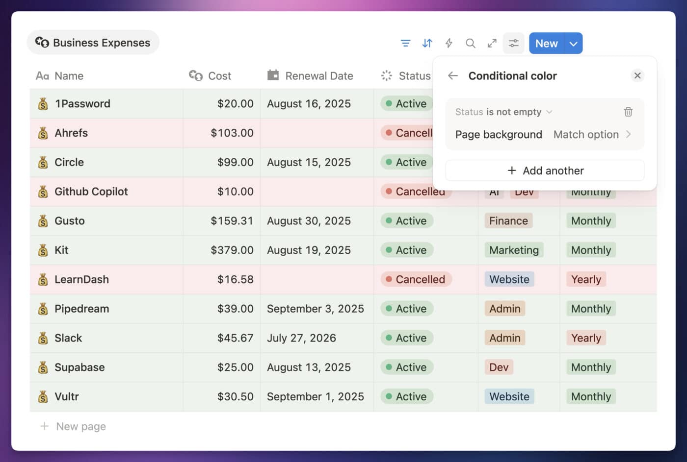 Screenshot of a table view in an ocean database that has conditional color applied.