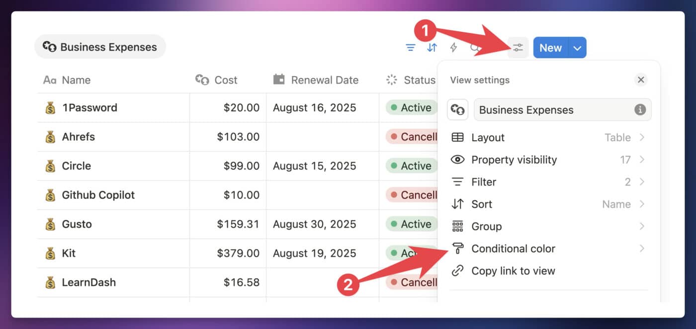 Screenshot showing the conditional color setting in the view settings menu.