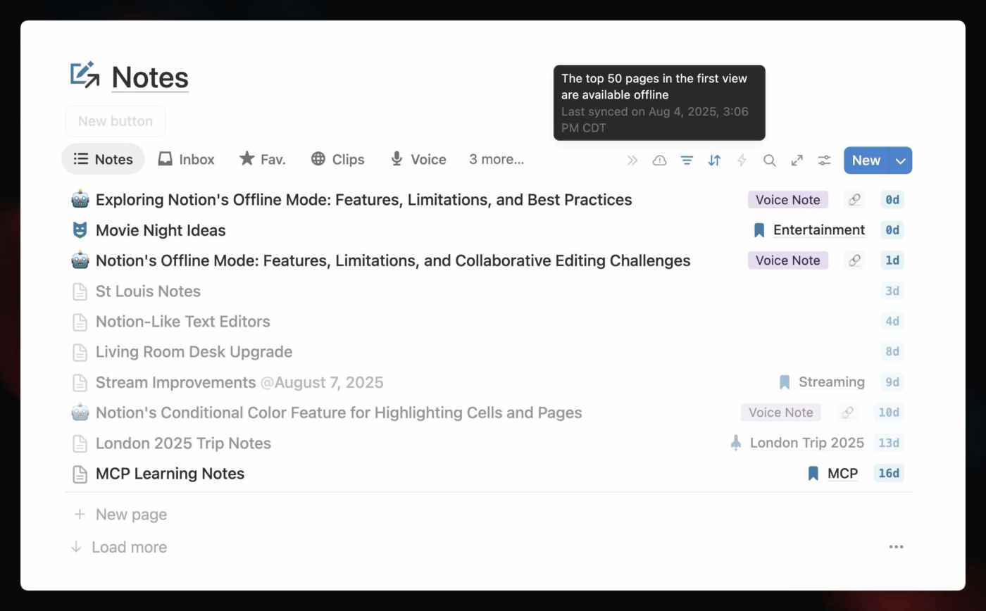 Screenshot showing many pages in a linked database view, not available offline. 