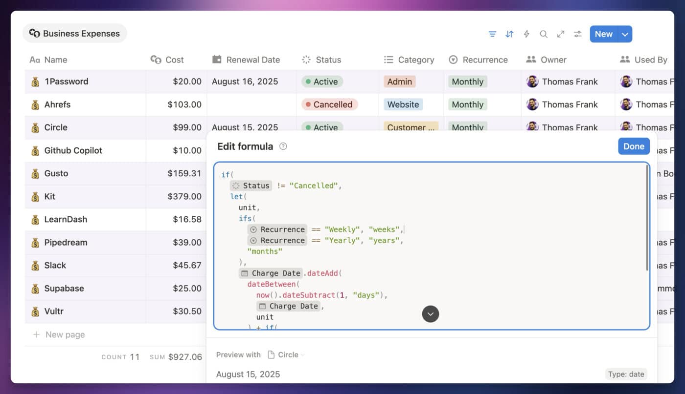 Screenshot showing the formula behind my renewal date property.