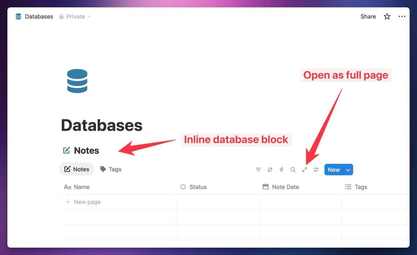 Screenshot showing how to open an inline database as a full page. 