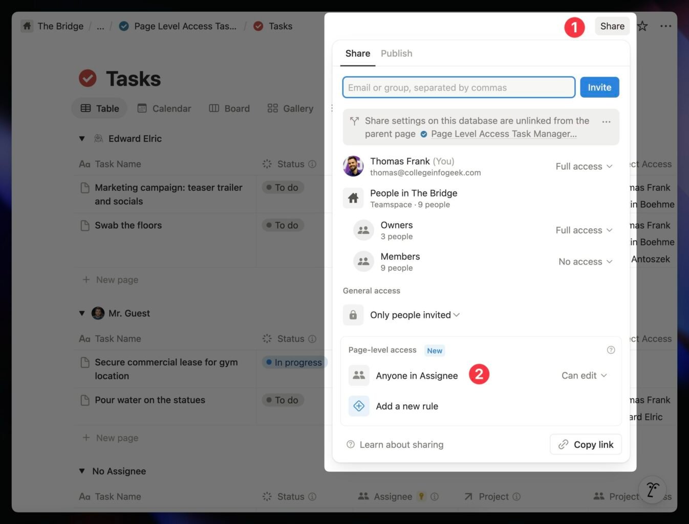The share menu showing the new page level access section. 