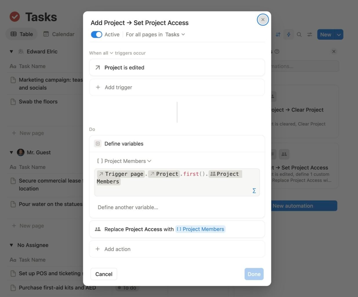 A screenshot showing an automation that edits the project access property when the project relation is edited. 