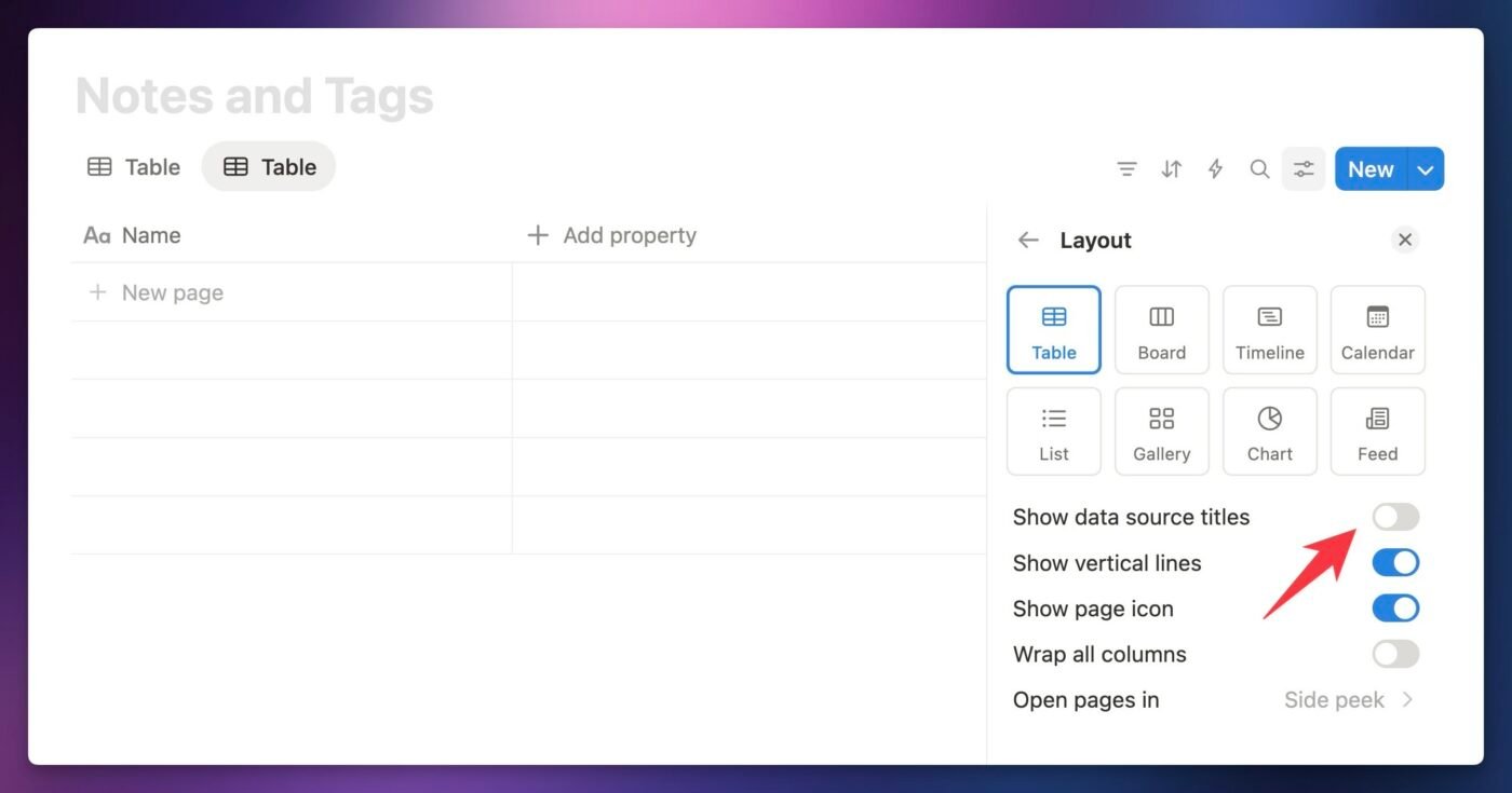 Screenshot showing the method to show data source titles. 