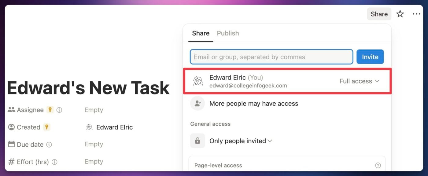A screenshot showing that user Edward has been given direct access to the page. 