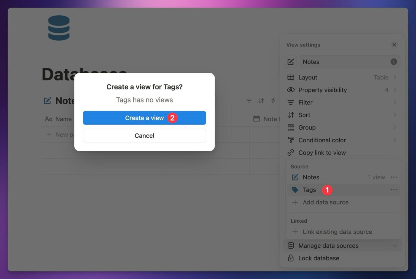 Screenshot showing how to create a new view for a data source that has no views. 