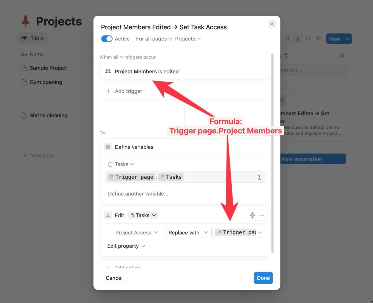 A screenshot showing an automation that automatically applies project members to the project access property in a tasks database. 